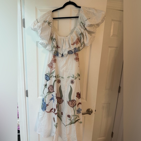 ASOS EDITION floral embroidered bardot puff sleeve midi dress in white - Picture 4 of 6